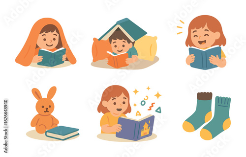 Playful Reading Adventures. Flat vector mini-illustrations of playful moments with children and their favorite