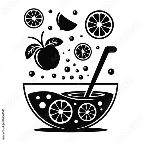 Black and white vector illustration of fruit punch elements bundle with mixing bowl ladle fruit slices and fizzy bubbles