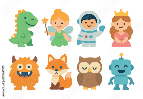 Storybook Friends Grid. Flat vector mini-illustrations of favorite storybook characters in colors children's