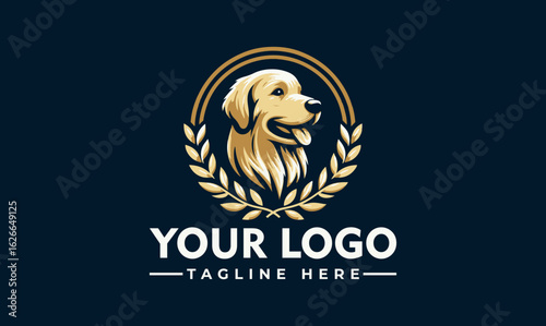 Elegant golden retriever logo design, encircled by laurel wreath,  professional branding.