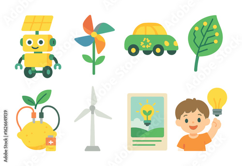 Kids' Eco-Innovation Icons. Flat vector mini-illustrations of children’s green inventions in colors children's