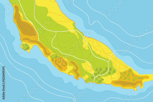 Topographical Island Map with Green Hills and Blue Water illustration geography high quality curacao island map