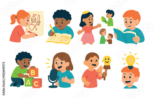 Creative Storytelling Icons. Flat vector mini-illustrations creative storytelling together in colors