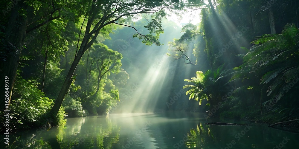 Sunlight beams through lush green rainforest canopy illuminating a tranquil river with mist rising creating a magical atmospheric scene of natural beauty and serenity Sunlight beams through lush green rainforest canopy illuminating a tranquil river with mist rising creating a magical atmospheric scene of natural beauty and serenity