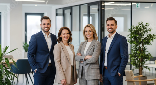 Confident business team posing in modern office smiling success corporate professionals entrepreneurs teamwork collaboration partnership