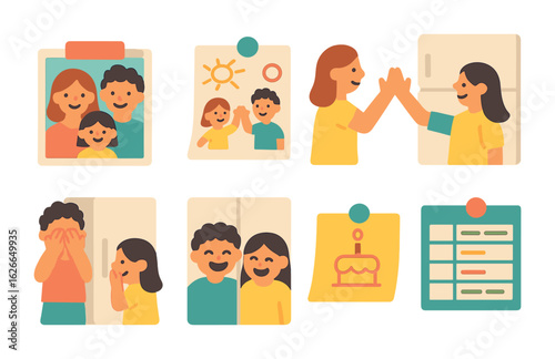Family Fridge Fun. Flat vector mini-illustrations fun family fridge moments in colors children's illustrations