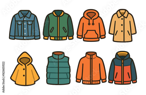 Children's Outerwear Icons. Flat vector mini-illustrations casual outerwear in colors children's illustrations