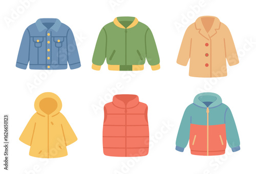 Children's Outerwear Icons. Flat vector mini-illustrations casual outerwear in colors children's illustrations