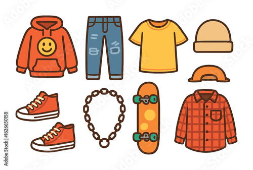 Teen Fashion Icons. Flat vector mini-illustrations favorite casual outfits for teens in colors children's