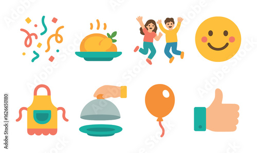 Joyful Cooking Celebration. Flat vector mini-illustrations cooking celebration in colors children's