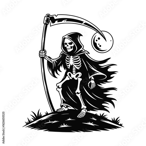 Grim reaper silhouette with scythe and moon isolated on white background