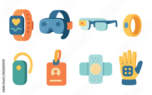 Wearable Tech Icons. Flat vector mini-illustrations wearable tech in colors children's illustrations: fitness