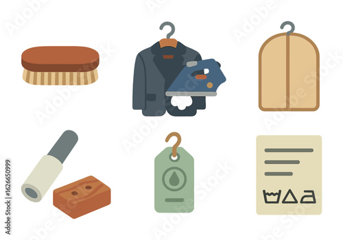 Suit Care Icons. Flat vector mini-illustrations Suit care and maintenance in colors children's illustrations: