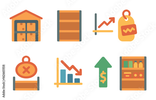 Market Icons Overview. Flat vector mini-illustrations Surplus and shortage in colors children's illustrations: