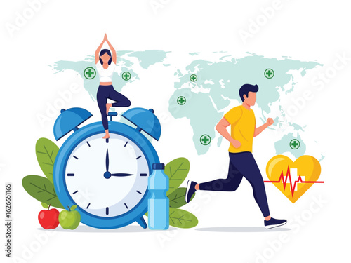 A man running and a woman doing yoga on an alarm clock, symbolizing a healthy lifestyle and time for fitness.