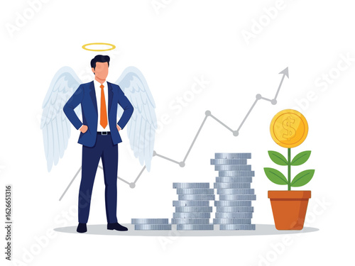 An angel investor with wings and a halo stands beside growing stacks of coins and a rising financial graph.