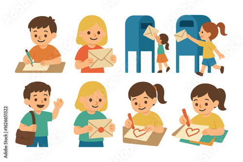 Kids Mailing Fun. Flat vector mini-illustrations Kids sending mail in colors children's illustrations: child
