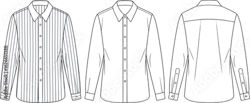Men’s button-up shirt template, long-sleeve shirt mockup, striped shirt front view, plain shirt vector, back view fashion sketch, apparel design