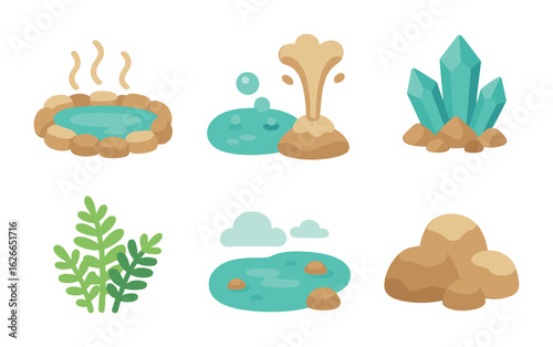 Hot Springs Adventure. Flat vector mini-illustrations Hot springs biome in colors children's illustrations: