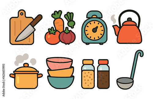 Soup Day Prep. Flat vector mini-illustrations Kitchen counter prep for soup day in colors children's