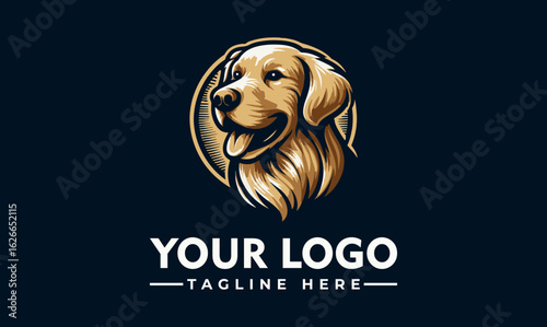 A golden retriever dog logo, smiling, set within a circular frame, on a dark background.