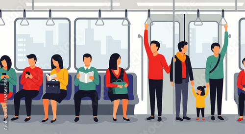 A diverse group of people commuting in a modern subway car. Passengers sitting and standing inside the public transport.