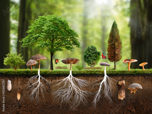 Forest cross-section with trees, roots, soil layers, and mushrooms in a vibrant educational illustration.
Landscape illustration showing forest trees and their root systems beneath the earth’s surface