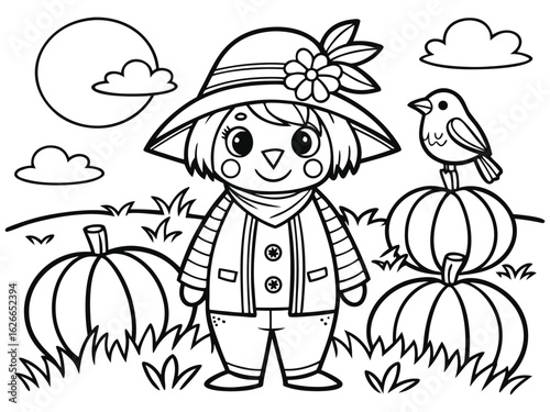Scarecrow in a pumpkin field. Vector black and white coloring page. 