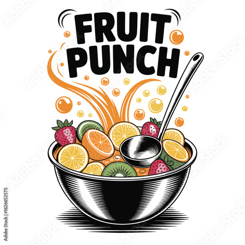 Black and white vector illustration of vibrant fruit punch ensemble with mixing bowl ladle sliced fruits and fizzy bubbles