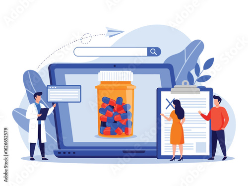 Online pharmacy concept with a doctor and patients ordering medicine from a laptop screen.