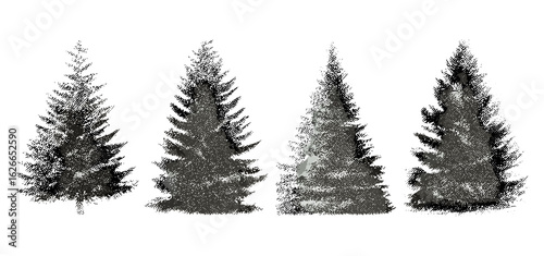 Monochrome Christmas trees with vintage grainy stipple effect and retro photocopy texture. Funky grunge punk collage for winter holiday posters, banners, social media, abstract dotted pattern