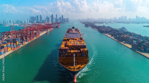 Container ship navigating a port channel, city skyline visible