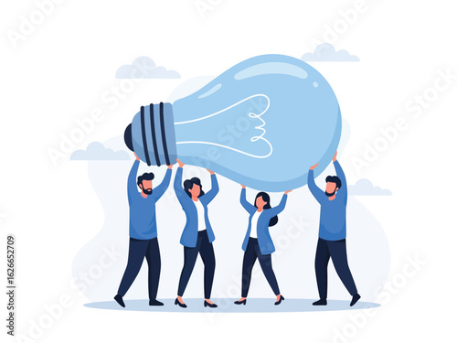 A diverse business team collaboratively holds a giant lightbulb, symbolizing teamwork and a shared big idea.