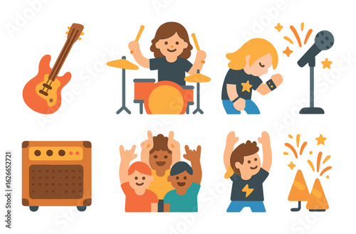 Rock Concert Icons. Flat vector mini-illustrations Rock concert energy in colors children's illustrations: