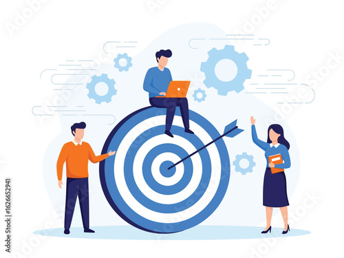 A business team collaborates around a large target with an arrow in the bullseye, symbolizing goal achievement.