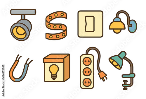 Colorful Lighting Icons. Flat vector mini-illustrations Setting up basement lighting in colors children's