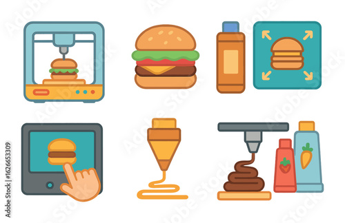 3D Food Printing Icons. Flat vector mini-illustrations 3D food printing in colors children's illustrations: