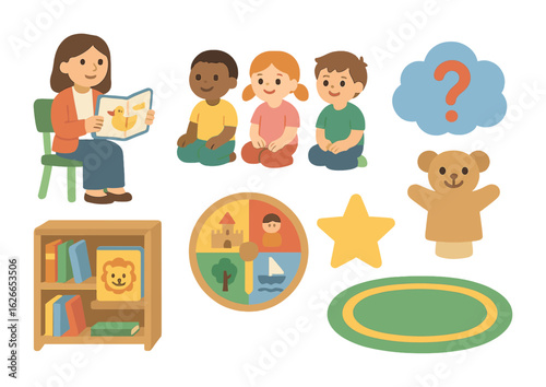 Classroom Storytime Icons. Flat vector mini-illustrations Storytelling in the classroom in colors children's