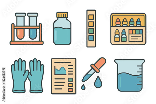 Water Testing Tools. Flat vector mini-illustrations Water quality testing during maintenance in colors