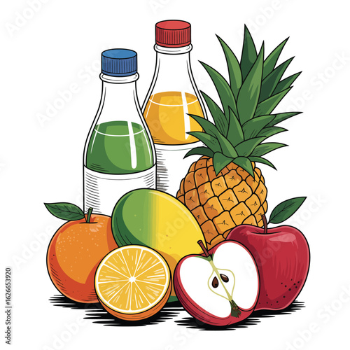 Black and white vector of mixed fruit juice bundle with orange, mango, pineapple, apple, and labeled bottles