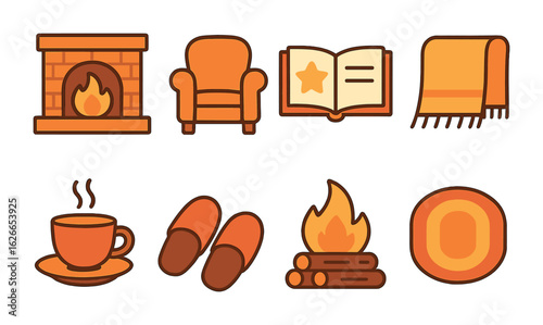 Cozy Fireplace Stories. Flat vector mini-illustrations Sharing stories by the fireplace in colors children's