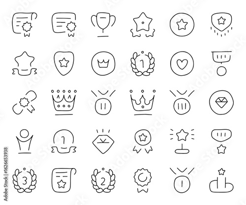 Hand Drawn Reward, Badge, Trophy, Certificate, Crown, Medal, Award Icons Set – Doodle Sketch Style for Achievement, Ranking, Prize, Success, Gamification, Education, Certificate