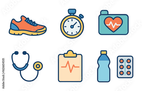 Fitness Icons Grid. Flat vector mini-illustrations fitness checkup in colors children's illustrations: running
