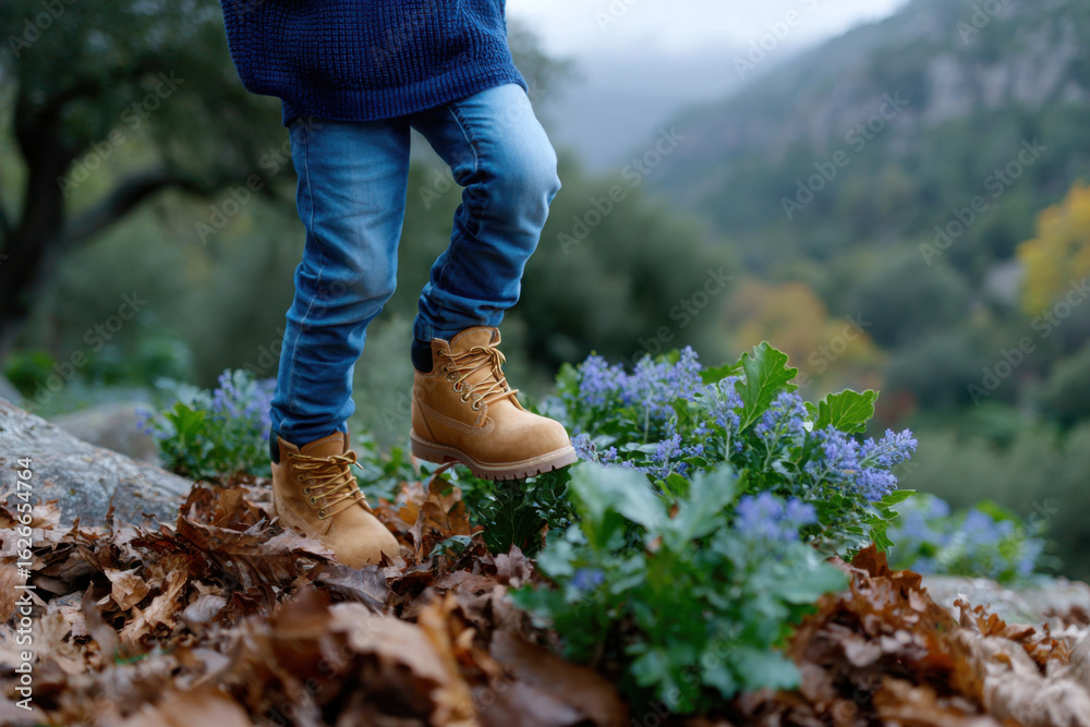 Child hiking in boots through autumn leaves and flowers in mountain valley Child hiking in boots through autumn leaves and flowers in mountain valley
