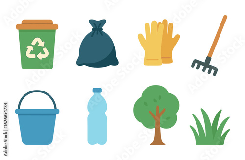 Clean Riverbank Icons. Flat vector mini-illustrations clean riverbank environment in colors children's