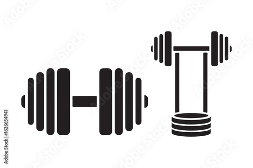Two black silhouette dumbbells on a white background representing fitness and weightlifting