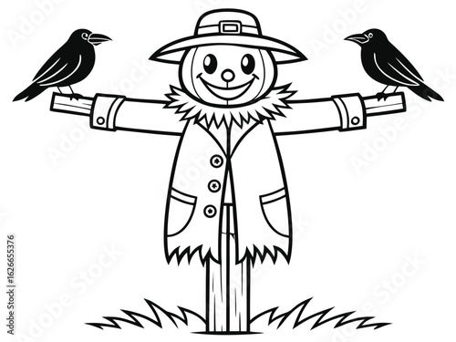 Scarecrow coloring book vector illustration. Friendly scarecrow line art vector illustration