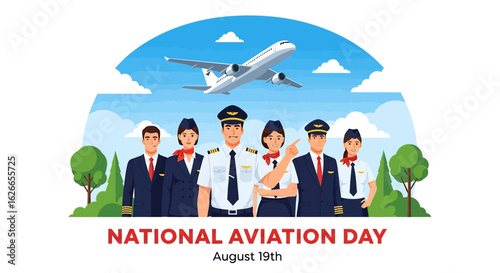 flat illustration banner of National Aviation Day on August 19th, featuring pilots and flight attendants in uniform with an airplane flying above trees and clouds