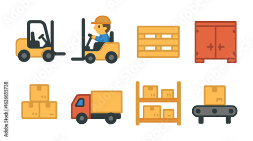 Colorful Forklift Illustrations. Flat vector mini-illustrations forklift and transport tasks in colors