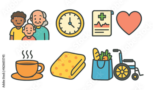 Community Respite Icons. Flat vector mini-illustrations community respite programs in colors children's